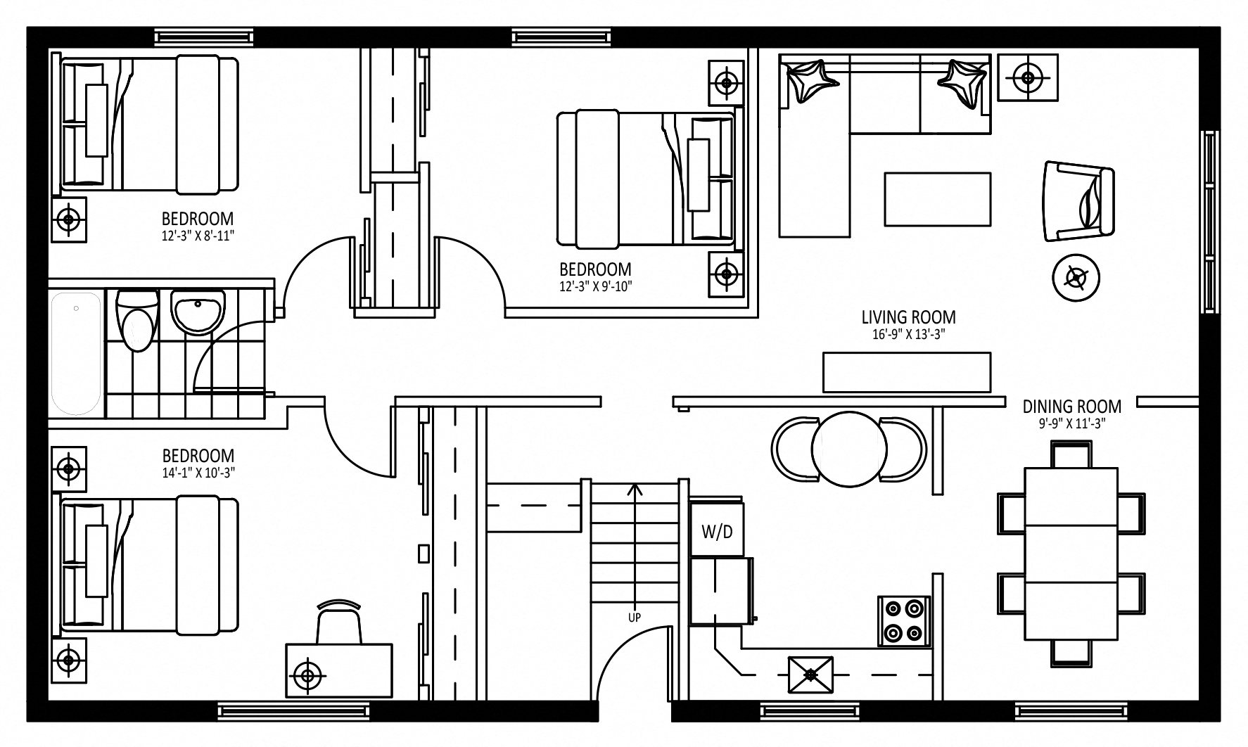 Floor plan for 3 beds, 1 bath, 1000 sqft